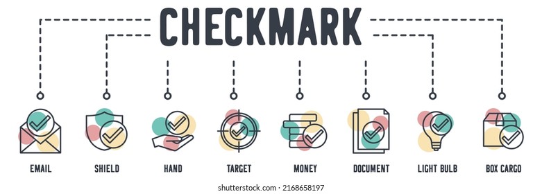 marca de verificación icono web. confirmar el concepto de correo electrónico, escudo, mano, destino, dinero, documento, bombilla creativa, ilustración de vectores de carga de caja.