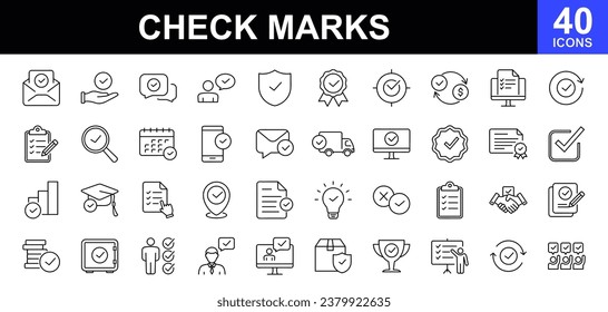 Check marks web icons set. Approved marks sign - simple thin line icons collection. Containing accepted document, quality check, approved, check list, warranty and more. Simple web icons set