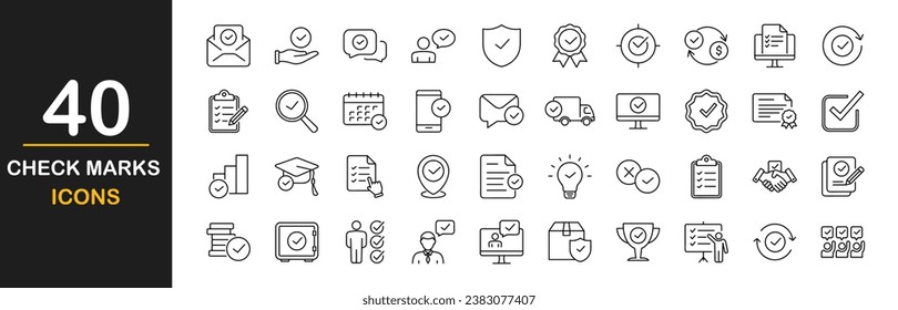 Check marks web icons set. Approved marks sign - simple thin line icons collection. Containing accepted document, quality check, approved, check list, warranty and more. Simple web icons set