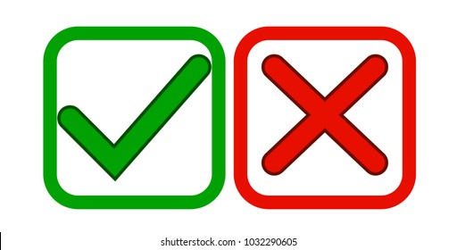 Check marks yes and no.Green checkmark OK and red X icons.Circle symbols YES and NO button for vote.Vector illustration round icons in a flat style isolated on white background.