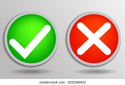 Check marks yes and no.Green checkmark OK and red X icons.Circle symbols YES and NO button for vote.Vector illustration round icons in a flat style isolated on white background.