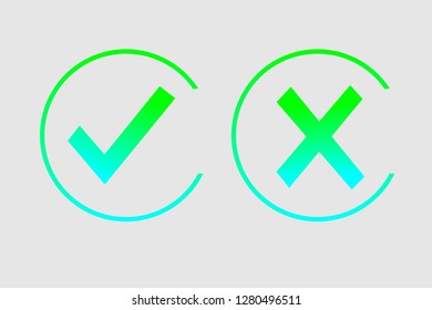 Check marks yes and no.Green checkmark OK and  X icons.Circle symbols YES and NO button for vote.Vector illustration round icons in a flat style isolated on white background.