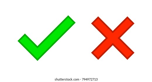Check marks yes and no.Green checkmark OK and red X icons.Circle symbols YES and NO button for vote.Vector illustration round icons in a flat style isolated on white background.