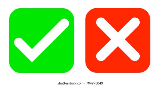 Check marks yes and no.Green checkmark OK and red X icons.Circle symbols YES and NO button for vote.Vector illustration round icons in a flat style isolated on white background.