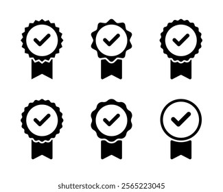 Check medal ribbon icon set collection. Quality warranty, certification sign symbol