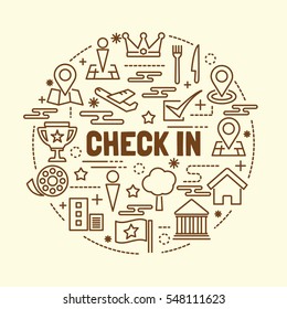 check in minimal thin line icons set, vector illustration design elements