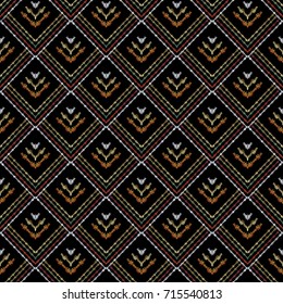 Check modern embroidered seamless pattern. Vector black geometric lattice background wallpaper with vintage gold line art tracery grunge check ornaments. Endless elegant striped tapestry texture