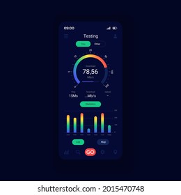 Check up network speed smartphone interface vector template. Wireless performance. Mobile app page design layout. Testing Internet connection screen. Flat UI for application. Phone display