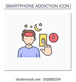 Check on color icon. Check on phone at night. Unlock screen. Spend time in telephone. Online entertainment.Smartphone addiction concept. Isolated vector illustration. Editable stroke