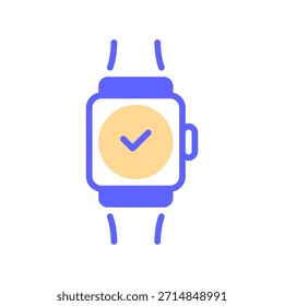 Compruebe el icono de línea de reloj inteligente, el símbolo de contorno para el objetivo alcanzado, el seguimiento de la aptitud, la sincronización de tiempo, la notificación clara y la actividad realizada. Icono de signo de Vector.