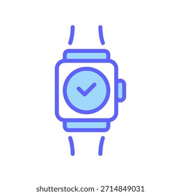 Compruebe el icono de línea de reloj inteligente, el símbolo de contorno para el objetivo alcanzado, el seguimiento de la aptitud, la sincronización de tiempo, la notificación clara y la actividad realizada. Icono de signo de Vector.