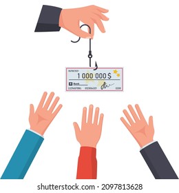 Check for one million dollars on hook. Dollar bait. Money trap concept. Vector illustration flat design. Isolated on background. Hand reaching for free money. Financial bait. Greed concept.