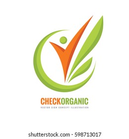 Check Organic - vector logo template concept illustration. Human character and green leaves. Nature product creative sign. Design element. 
