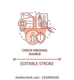 Check original source red concept icon. Verified source. Fighting misinformation abstract idea thin line illustration. Isolated outline drawing. Editable stroke. Arial, Myriad Pro-Bold fonts used