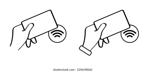 to check in or out. Cartoon hand with contactless wireless payment card means. Credit card nfc. Vector mobile payment concept. Pay symbol or pictogram, Tap to pay icon. Near-field communicatie