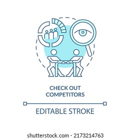 Check out competitors turquoise concept icon. Creating website do abstract idea thin line illustration. Analysis tools. Isolated outline drawing. Editable stroke. Arial, Myriad Pro-Bold fonts used