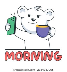 Check out flat sticker of bear taking morning selfie 