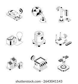 Check out handy set featuring future city isometric outline icons