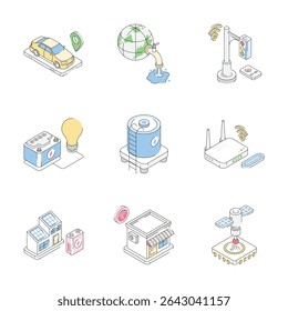 Check out handy set featuring future city isometric outline icons