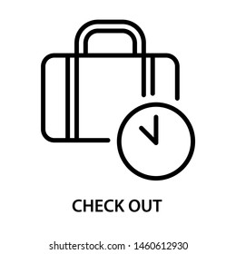 Check out icon. Luggage with clock. Stroke outline style. Vector. Isolate on white background.