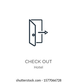 Check out icon. Thin linear check out outline icon isolated on white background from accommodation collection. Line vector sign, symbol for web and mobile