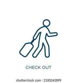 Checkout-Symbol. Dünne lineare Scheck-aus-Umriss Symbol einzeln auf weißem Hintergrund. Line Vektor Check-out-Zeichen, Symbol für Web und Mobile