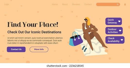 Check out out iconic destinations and find your best place to stay on vacation. Activities and fun, beaches and seaside at summer. Website landing page template, internet site. Vector in flat style