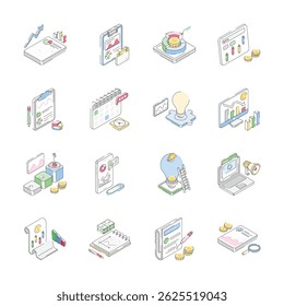 Check out latest isometric collection showing business data icons