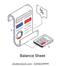 Check out line isometric icon of balance sheet 