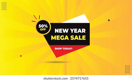 Check out our New Year Mega Sale! Shop today and get 50% off. Download the editable EPS banner template with red, white, black gradient shapes and bold red white font on a vibrant yellow-orange back