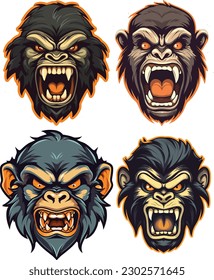 Check out our vector illustration of 4 Angry Chimps Showing Teeth! With their intimidating expressions and sharp teeth, these chimp mascots are sure to grab the attention of your audience.