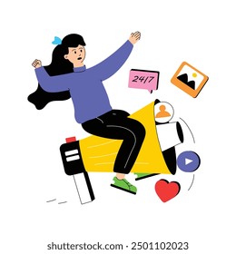 Echa un vistazo a esta ilustración plana chica con un megáfono, mostrando el visual de marketing