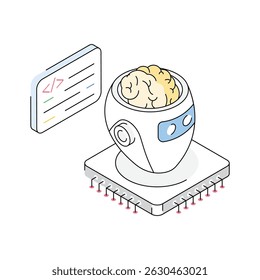 Verifique este ícone isométrico mostrando o processo de codificação do robô