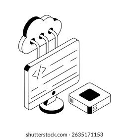Check out this isometric icon showing cloud coding innovation.