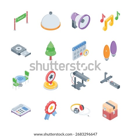Check out this modern set of event accessories isometric style icons