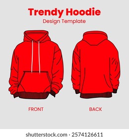 Check out this sleek hoodie mockup featuring front and back views with crisp white line art on a bold red background. The design highlights all the essentials—pocket, drawstrings, hood, and ribbed cuf