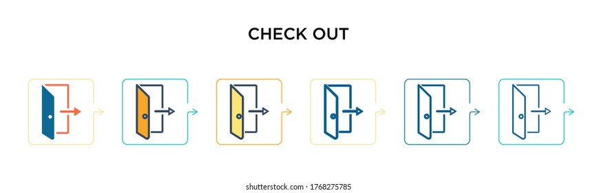 Check out vector icon in 6 different modern styles. Black, two colored check out icons designed in filled, outline, line and stroke style. Vector illustration can be used for web, mobile, ui