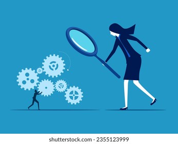 Check out the workers. Check out the workflow. Businesswoman boss using magnifying glass to see employee mechanics 
