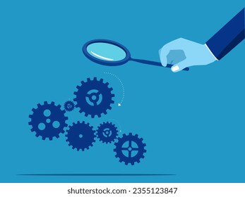 Check out the workflow. Businessman boss using magnifying glass to see mechanics 