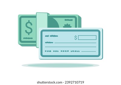 Check and paper money. Stacks of dollars. Cheque design and dollar bills. Business, finance, and payment method concept.