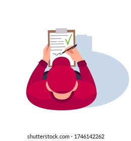 Check paperwork semi flat RGB color vector illustration. Delivery man hold clipboard. Postman with document on order. Courier isolated cartoon character top view on white background - Powered by Shutterstock - Get 15% off with code: PIKWIZARD15