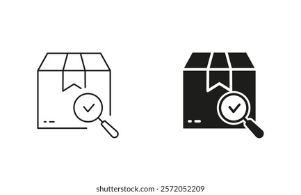 Check Parcel Pictogram. Carton Box with Magnifier and Checkmark Line and Silhouette Icon Set. Editable Stroke. Isolated Vector Illustration.