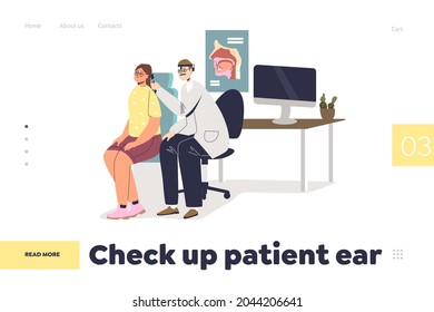 Check up patient ear concept of landing page with otolaryngologist doctor emamining female patient during visit in medical clinic. Otolaryngology and healthcare. Cartoon flat vector illustration