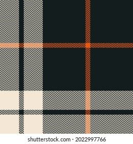 Check pattern in black, orange, beige for autumn winter. Seamless herringbone textured simple dark plaid graphic for scarf, flannel shirt, blanket, throw, other modern fashion textile print.