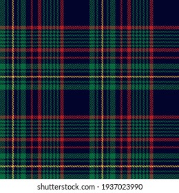 Check pattern Christmas plaid tartan vector in navy blue, red, green, yellow. Seamless multicolored dark plaid texture for flannel shirt, blanket, throw, other trendy winter fashion textile print.