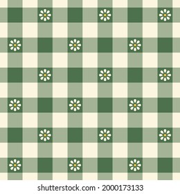 Check Pattern With Flowers. Vichy Plaid In Green, Yellow, Off White. Seamless Floral Gingham Tartan For Picnic Blanket, Tablecloth, Handkerchief, Scarf, Other Spring Summer Fashion Fabric Print.