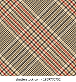 Check pattern glen in gold brown, beige, red, black. Seamless tweed pixel tartan plaid graphic for jacket, coat, skirt, dress, trousers, other trendy spring autumn winter fashion fabric design.