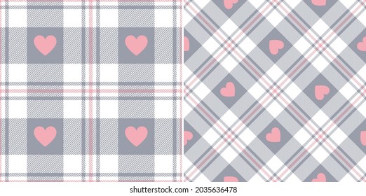Check pattern with hearts for Valentines Day print. Seamless tartan plaid in grey, pink, white for flannel shirt, skirt, blanket, duvet cover, other modern spring summer autumn winter fabric design.