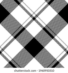 Check pattern herringbone in black and white. Seamless asymmetric monochrome basic tartan plaid graphic vector for flannel shirt, skirt, other modern spring summer autumn winter fashion fabric design.