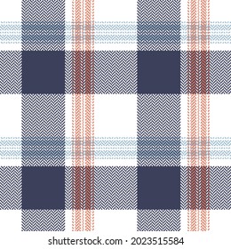 Check pattern in navy blue, orange, white for spring autumn winter. Seamless herringbone asymmetric tartan buffalo plaid vector for scarf, poncho, blanket, other modern fashion textile print.